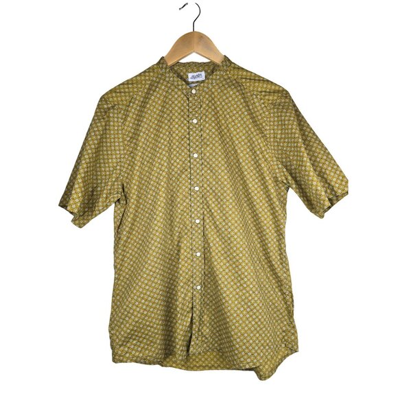 Richter Goods Mustard Yellow Band Collar Short Sleeve Pearl Snap Shirt - Size L - Picture 2 of 7